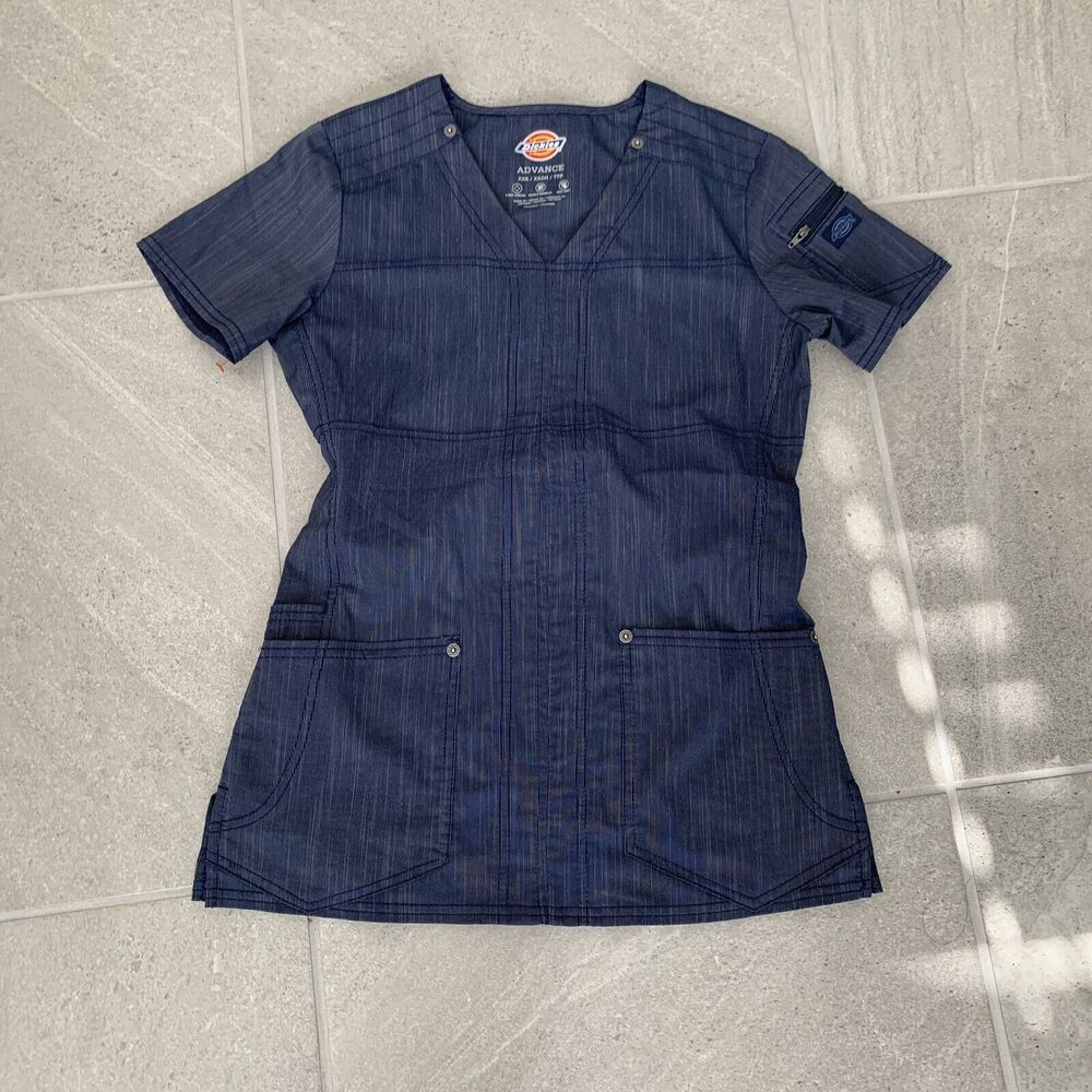 Dickies Scrubs Top Only Blue Short Sleeve V-Neck XS Small Womens
